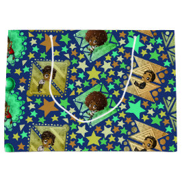 アフリカ系アメリカ人の少年と青の幾何学模様 ラージペーパーバッグ