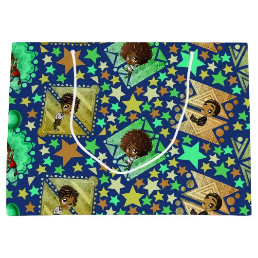 アフリカ系アメリカ人の少年と青の幾何学模様 ラージペーパーバッグ (正面)