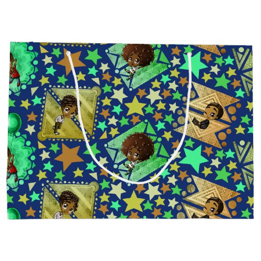 アフリカ系アメリカ人の少年と青の幾何学模様 ラージペーパーバッグ (裏面)