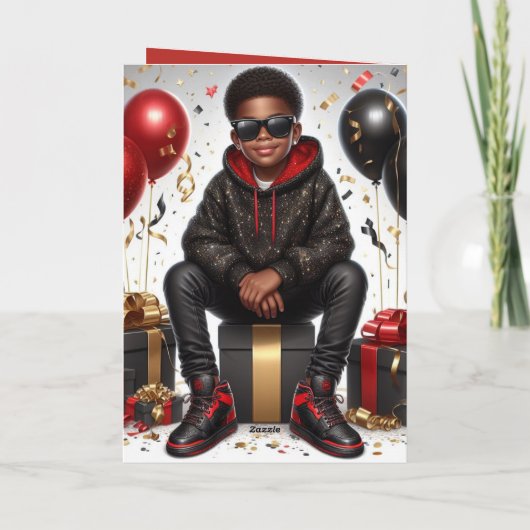 アフリカ系アメリカ人の少年の黒/赤の誕生日行動 カード (裏面)
