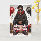 アフリカ系アメリカ人の少年の黒/赤の誕生日行動 カード (黄色い花)