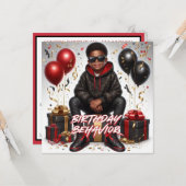 アフリカ系アメリカ人の少年の黒/赤の誕生日行動 カード (正面/裏面インサイチュ)