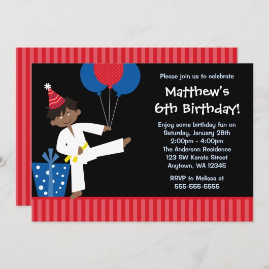アフリカ系アメリカ人の少年 気球 空手 誕生日 招待状 (正面/裏面)