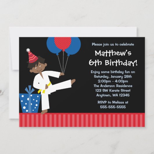 アフリカ系アメリカ人の少年 風船 テコンドー 誕生日 招待状 (正面)