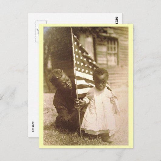 アフリカ系アメリカ人の息子と母、米国国旗のヴィンテージ ポストカード (正面/裏面)