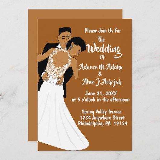 アフリカ系アメリカ人の新郎新婦テラコッタ結婚ズ 招待状 (正面/裏面)