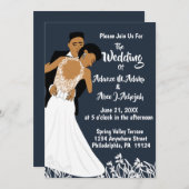 アフリカ系アメリカ人の新郎新婦ネイビー結婚ブルー 招待状 (正面/裏面)