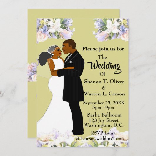 アフリカ系アメリカ人の新郎新婦フローラ結婚ズ 招待状 (正面/裏面)