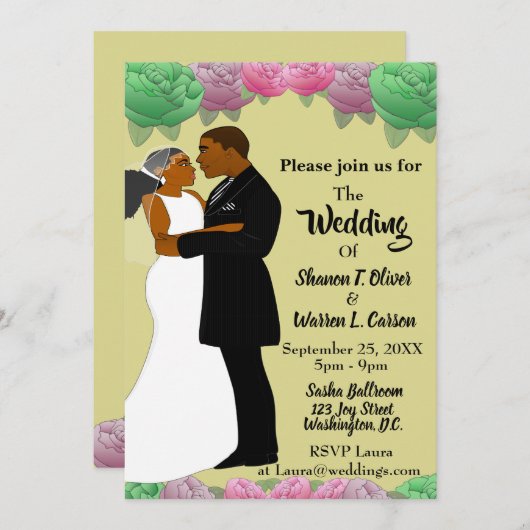 アフリカ系アメリカ人の新郎新婦フローラ結婚ズ 招待状 (正面/裏面)