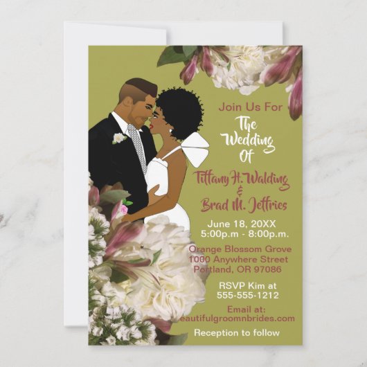 アフリカ系アメリカ人の新郎新婦金ゴールド&ピンク結婚ズ 招待状 (正面)