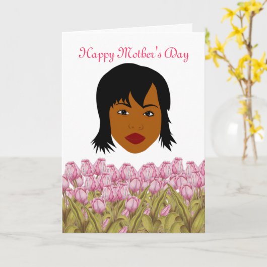 アフリカ系アメリカ人の母とのお母さんとの幸せな日 カード (黄色い花)