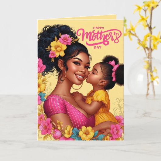 アフリカ系アメリカ人の母と娘の幸せな母の日 カード (黄色い花)