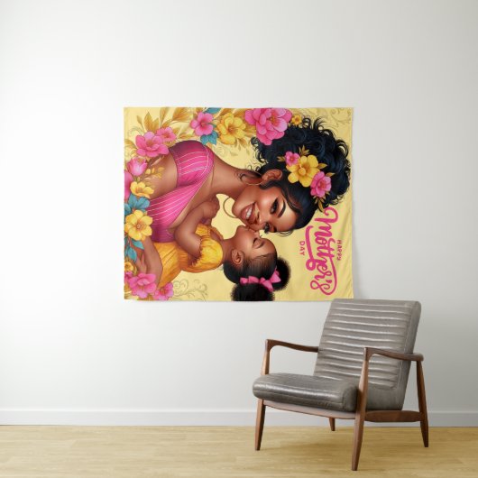アフリカ系アメリカ人の母と娘の幸せな母の日 タペストリー (インサイチュ(横))