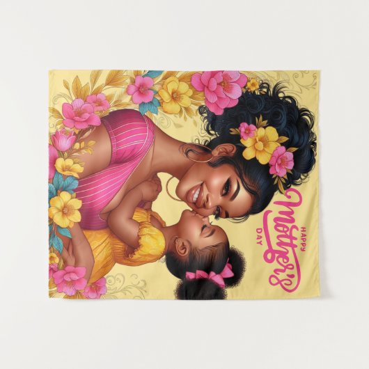 アフリカ系アメリカ人の母と娘の幸せな母の日 タペストリー (正面(横))