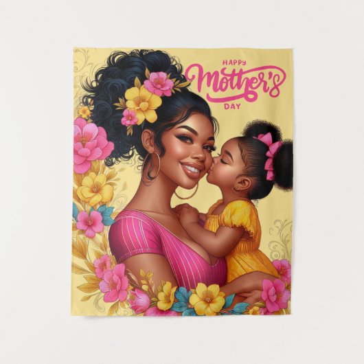 アフリカ系アメリカ人の母と娘の幸せな母の日 タペストリー (正面)