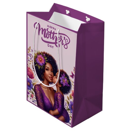 アフリカ系アメリカ人の母と娘の幸せな母の日 ミディアムペーパーバッグ (裏面アングル)