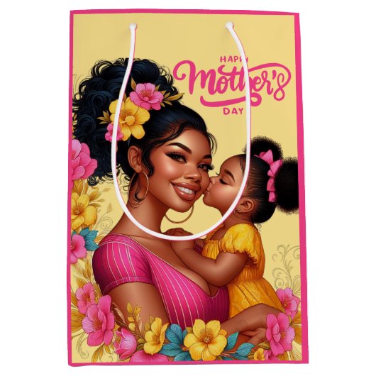 アフリカ系アメリカ人の母と娘の幸せな母の日 ミディアムペーパーバッグ (正面)