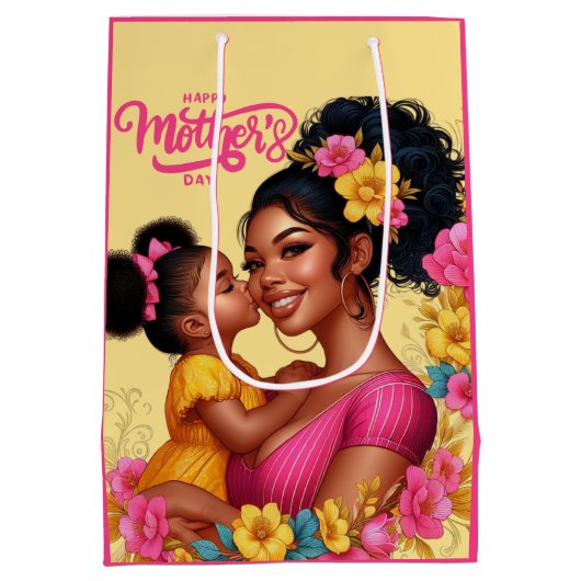 アフリカ系アメリカ人の母と娘の幸せな母の日 ミディアムペーパーバッグ (裏面)