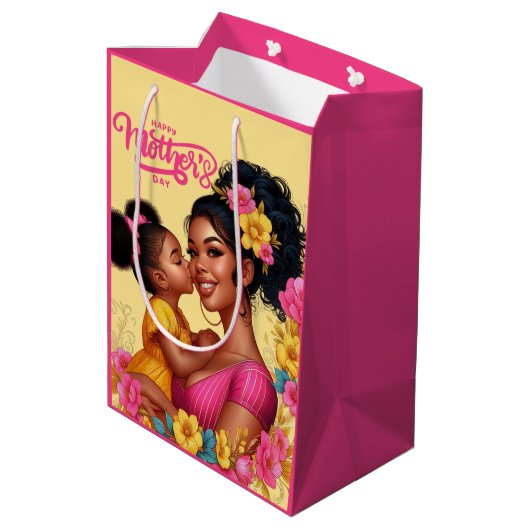 アフリカ系アメリカ人の母と娘の幸せな母の日 ミディアムペーパーバッグ (裏面アングル)