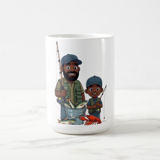 アフリカ系アメリカ人の父と息子の釣り コーヒーマグカップ (中央)