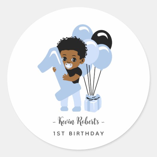 アフリカ系アメリカ人の男の子 青 赤ちゃん 初めての誕生日   ラウンドシール (正面)