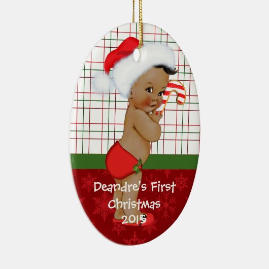 アフリカ系アメリカ人の男の赤ちゃんの初めてのクリスマスOrname セラミックオーナメント (右)