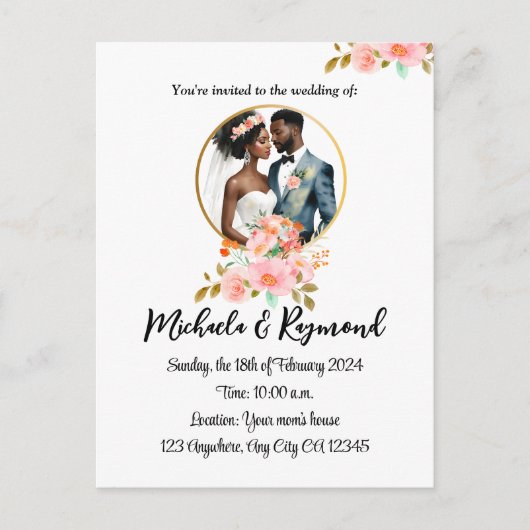 アフリカ系アメリカ人の結婚式 ウェディング 案内ポストカード (正面)