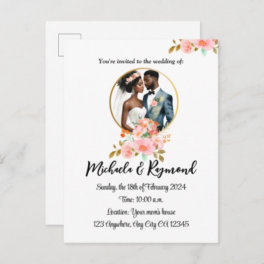アフリカ系アメリカ人の美しい新婚カップルの結婚式 案内ポストカード (正面/裏面)