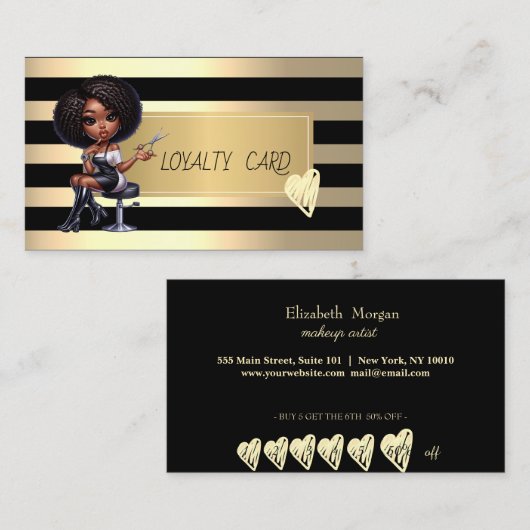 アフリカ系アメリカ人の美容師ストライプハート,金ゴールド ロイヤリティカード (正面/裏面)