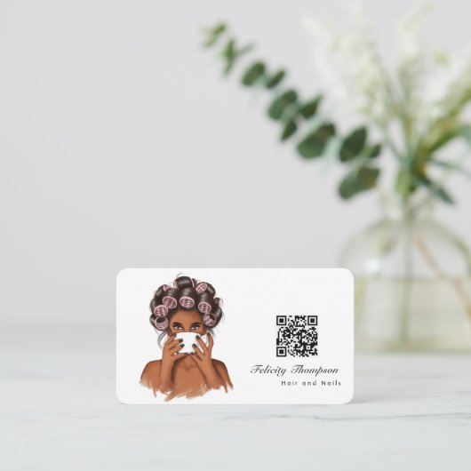 アフリカ系アメリカ人の美容師QRコードの名刺 名刺 (スタンド正面)