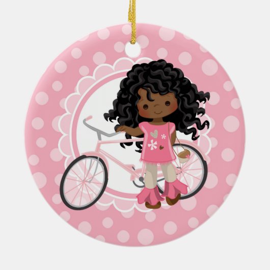 アフリカ系アメリカ人の自転車ガール – ピンクホワイト セラミックオーナメント (裏面)
