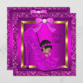 アフリカ系アメリカ人の赤ちゃんの女の子のシャワー ピンク グリッター 招待状 (正面/裏面)