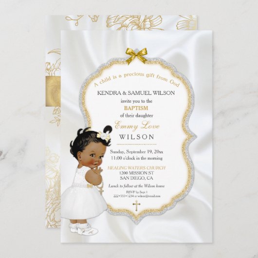 アフリカ系アメリカ人の赤ちゃんの女の子の洗礼の金の十字架 招待状 (正面/裏面)