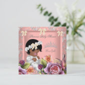 アフリカ系アメリカ人の赤ちゃんの歓迎会 女の子 コーラルピンクのバラ 招待状 (スタンド正面)