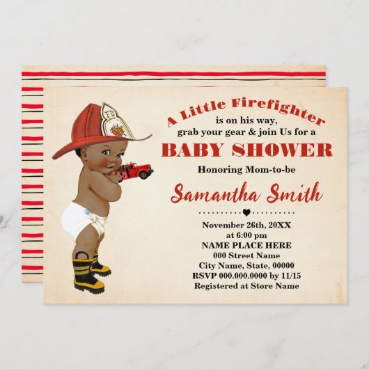 アフリカ系アメリカ人の赤ちゃんシャワーに向かう消防士 招待状 (正面/裏面)