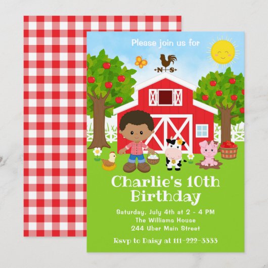 アフリカ系アメリカ人の農場の赤い納屋の誕生日 招待状 (正面/裏面)