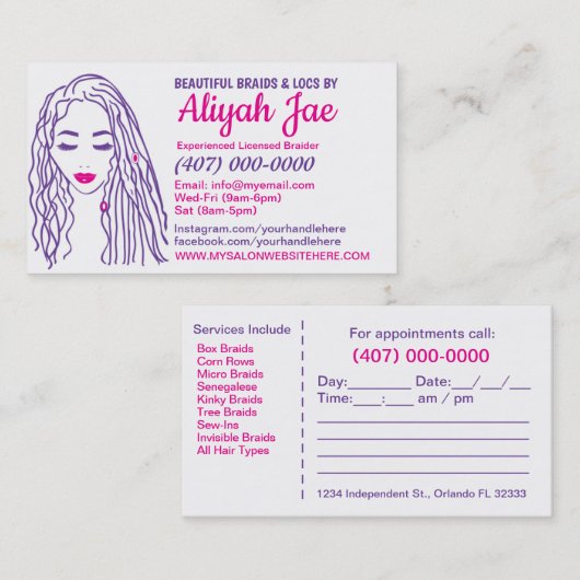 アフリカ系アメリカ人の髪結いサロン名刺 予約カード (正面/裏面)