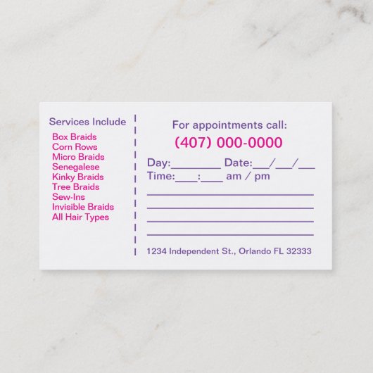 アフリカ系アメリカ人の髪結いサロン名刺 予約カード (裏面)