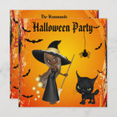 アフリカ系アメリカ人の魔法使い及び猫のハローウィンパーティ 招待状 (正面/裏面)