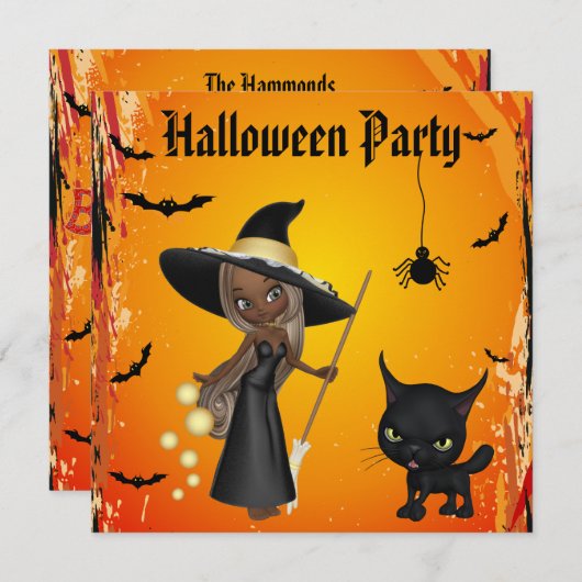 アフリカ系アメリカ人の魔法使い及び猫のハローウィンパーティ 招待状 (正面/裏面)