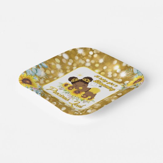アフリカ系アメリカ人ひまわり赤ちゃんシャワー女の子 ペーパープレート (傾斜あり)