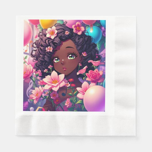 アフリカ系アメリカ人アニメガールパーソナライズされた誕生日 縁ありランチョンナプキン (正面)