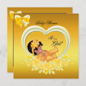 アフリカ系アメリカ人イエロー金ゴールドベビーシャワーガール 招待状 (正面/裏面)