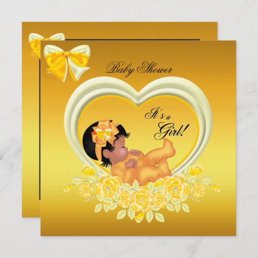 アフリカ系アメリカ人イエロー金ゴールドベビーシャワーガール 招待状 (正面/裏面)