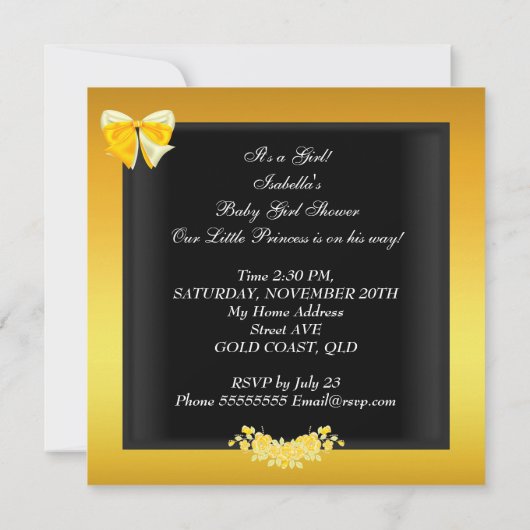 アフリカ系アメリカ人イエロー金ゴールドベビーシャワーガール 招待状 (裏面)