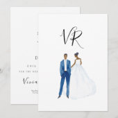 アフリカ系アメリカ人イラストカップル セーブザデート (正面/裏面)