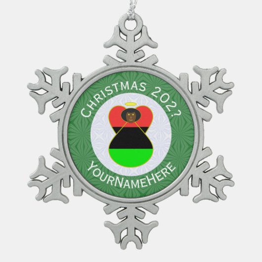 アフリカ系アメリカ人エンジェルクリスマスパーソナライズされた国旗 スノーフレークピューターオーナメント (正面)
