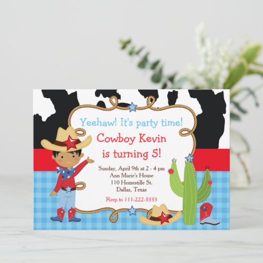 アフリカ系アメリカ人カウボーイウェスタン誕生日パーティー 招待状 (スタンド正面)