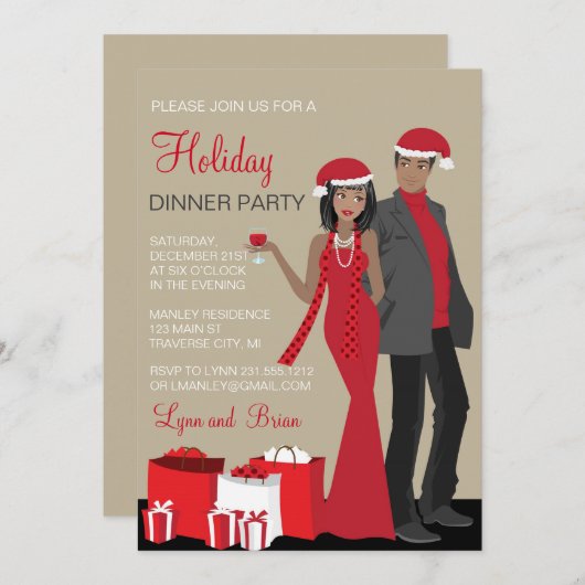 アフリカ系アメリカ人カップルのクリスマスパーティーディナー 招待状 (正面/裏面)