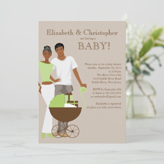 アフリカ系アメリカ人カップルの男女兼用ベビーシャワー 招待状 (スタンド正面)